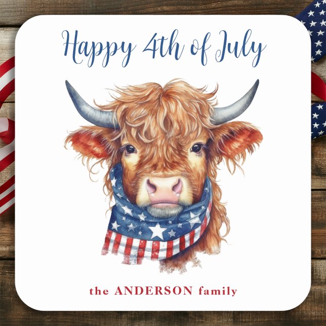 Highland Cow 4th Of July Red White Blue Patriotic Square Sticker (Creator Uploaded)