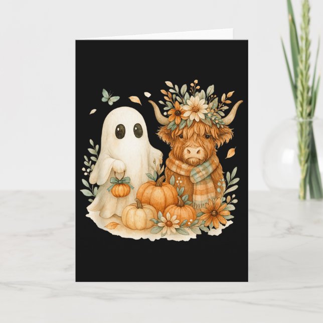Highland Cow &amp; Ghost Pumpkin Patch Watercolor  Card (Front)