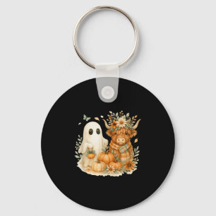 Highland Cow & Ghost Pumpkin Patch Watercolor Keychain
