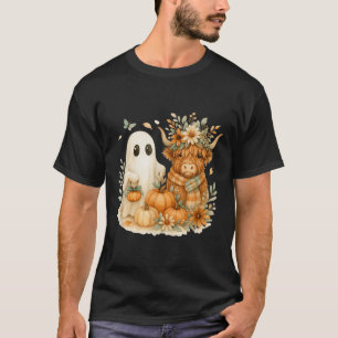 Highland Cow & Ghost Pumpkin Patch Watercolor T-Shirt