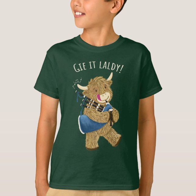Highland Cow And Bagpipes Says Gie It Laldy! T-Shirt (Front)