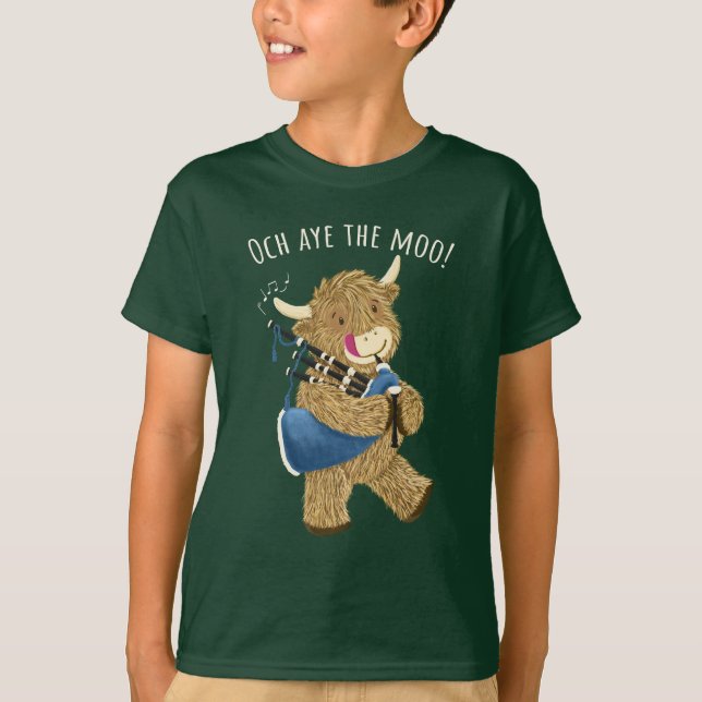 Highland Cow And Bagpipes Says Och Aye The Moo! T-Shirt (Front)