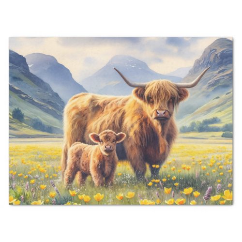 Highland Cow and Calf Buttercup Field Decoupage Tissue Paper