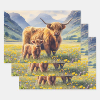 Highland Cow and Calf Buttercup Field Decoupage Wrapping Paper Sheets