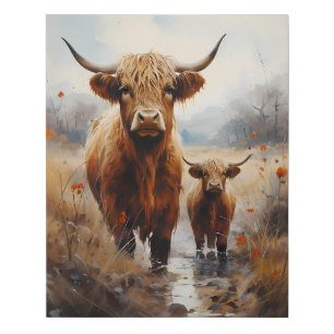 Highland Cow and Calf - Digital Watercolor Art Faux Canvas Print