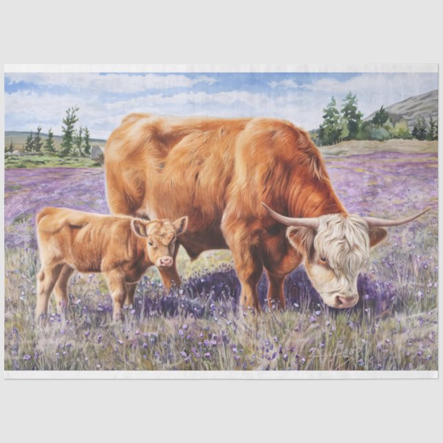 Highland Cow and Calf Flower Field Art Decoupage Tissue Paper (Front)