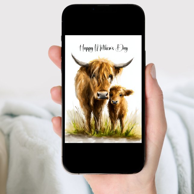 Highland Cow and Calf Mother's Day Holiday Card (Front Digital)