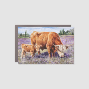 Highland Cow and Calf Purple Wildflowers Car Magnet