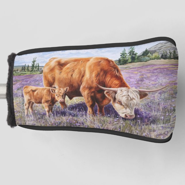 Highland Cow and Calf Purple Wildflowers Golf Head Cover (Front)