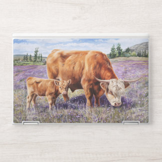 Highland Cow and Calf Purple Wildflowers HP Laptop Skin