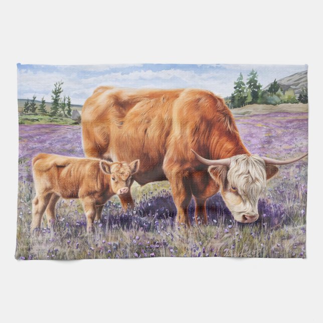 Highland Cow and Calf Purple Wildflowers Kitchen Towel (Horizontal)