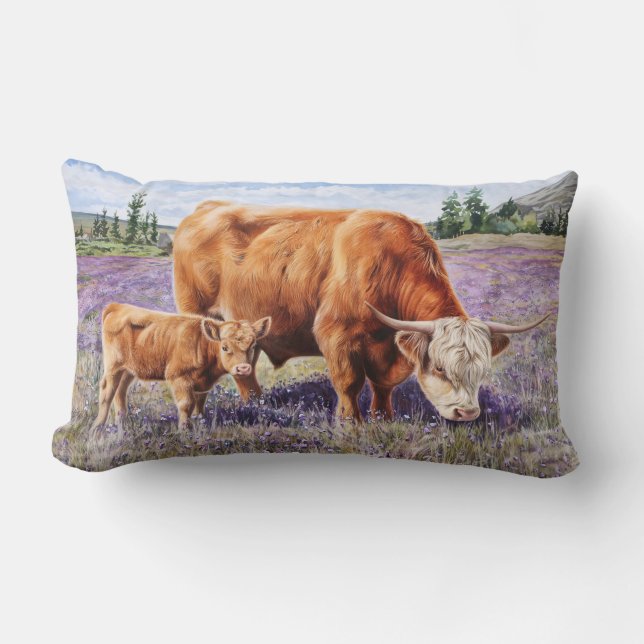 Highland Cow and Calf Purple Wildflowers Lumbar Pillow (Front)