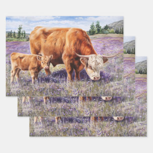 Highland Cow and Calf Purple Wildflowers Wrapping Paper Sheets