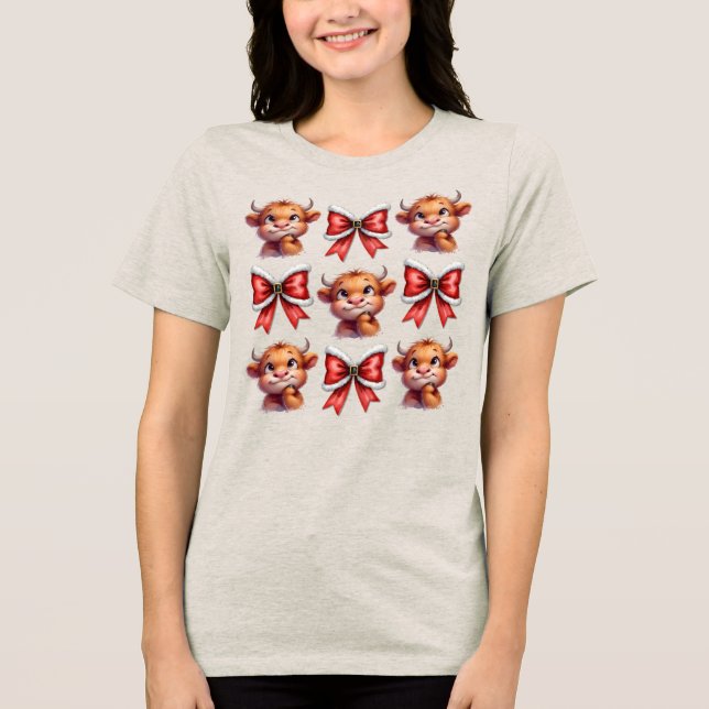 Highland Cow and Christmas Coquette Bow  Tri-Blend Shirt (Front)