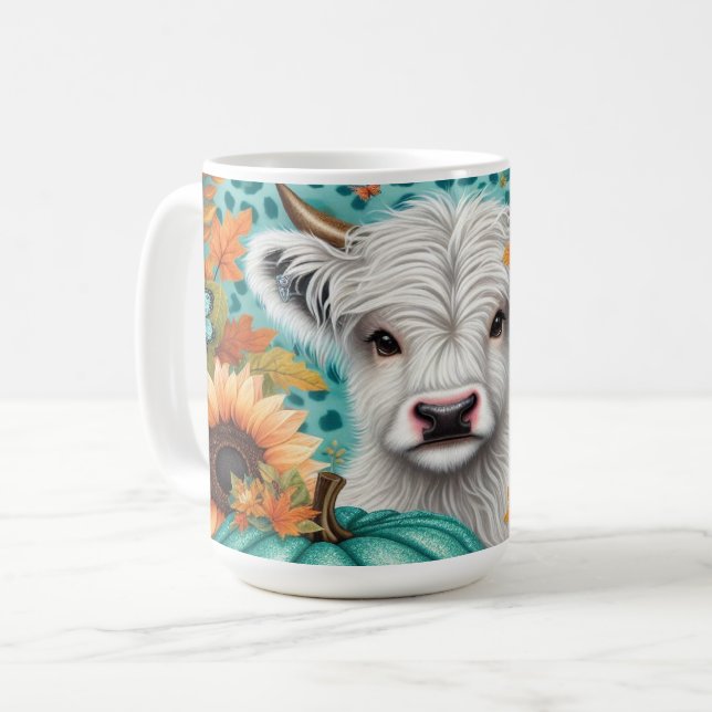 Highland Cow and Colorful Pumpkins and Sunflowers Coffee Mug (Front Left)