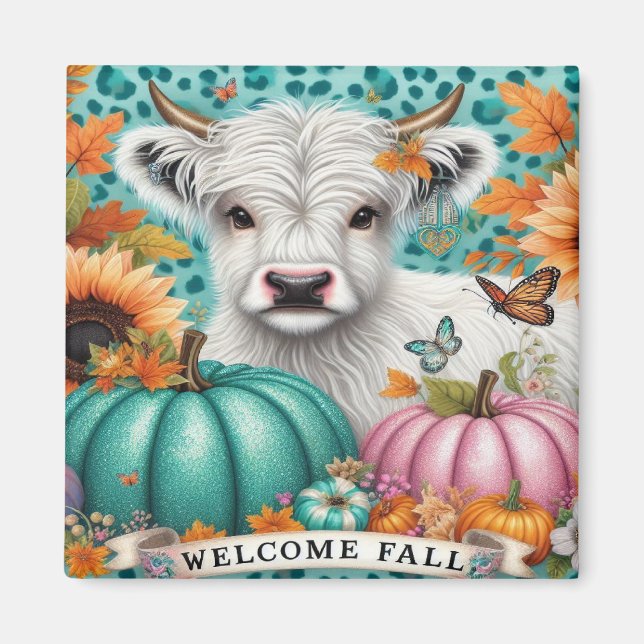 Highland Cow and Colorful Pumpkins and Sunflowers Magnet (Front)