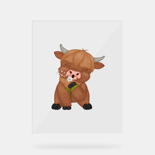 Highland Cow and Dandelion Puff Classic T-Shirt Acrylic Sign (Front)
