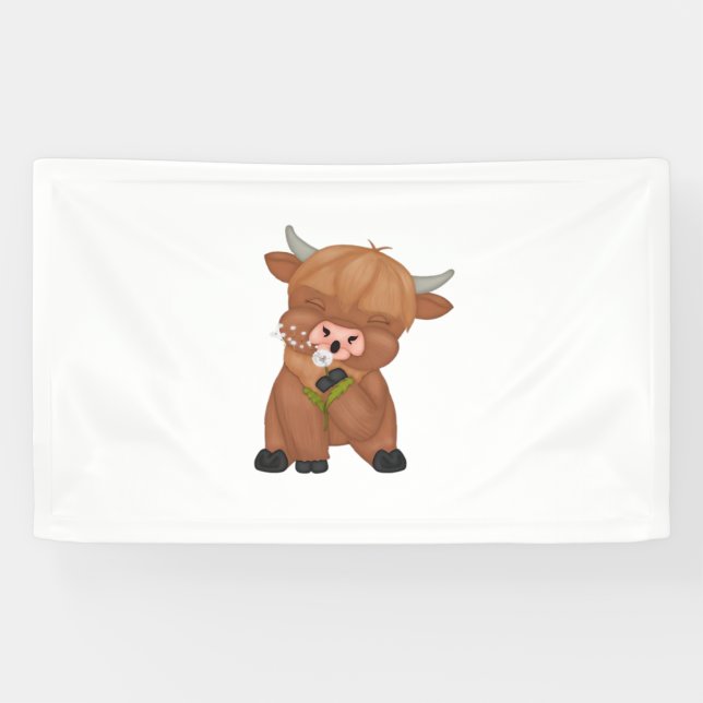 Highland Cow and Dandelion Puff Classic T-Shirt Banner (Horizontal)