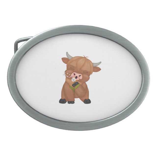 Highland Cow and Dandelion Puff Classic T-Shirt Belt Buckle (Front)