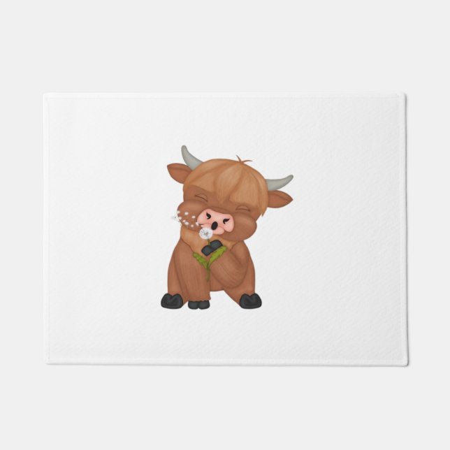 Highland Cow and Dandelion Puff Classic T-Shirt Doormat (Front)