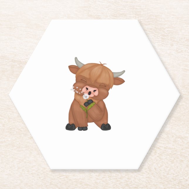 Highland Cow and Dandelion Puff Classic T-Shirt Paper Coaster (Front)