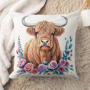 Highland Cow and Flowers Watercolor Throw Pillow