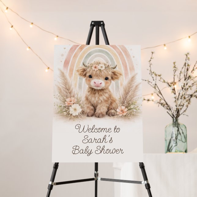 Highland Cow and Rainbow Baby Shower Welcome Sign (In Situ (Stand))