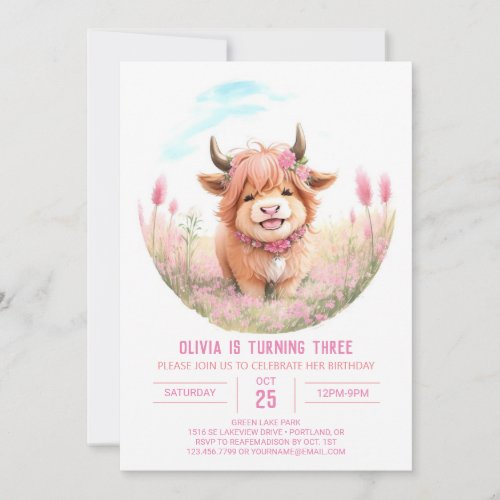 Highland Cow and Wildflower Birthday Invitation