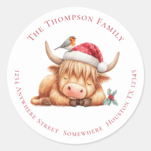 Highland Cow Asleep Return Name Address Christmas Classic Round Sticker