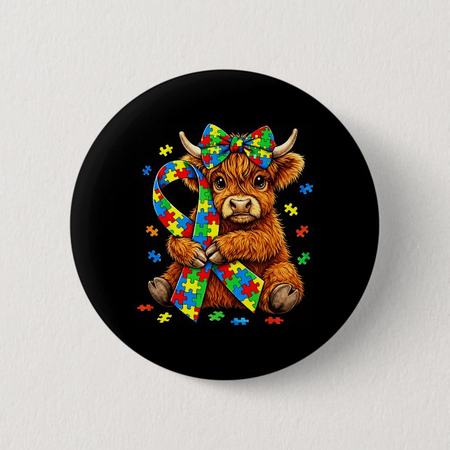 Highland Cow Autism Awareness Puzzle Coquette Bow Button (Front)
