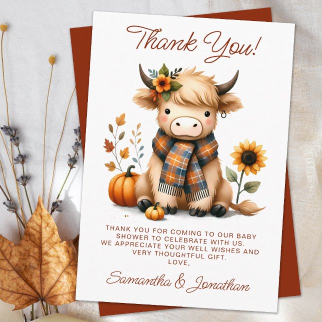 Highland Cow Autumn Cute Calf Baby Shower Thank You Card (Creator Uploaded)