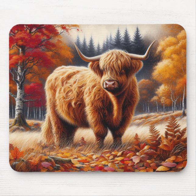 Highland Cow Autumn Watercolor Mouse Pad (Front)