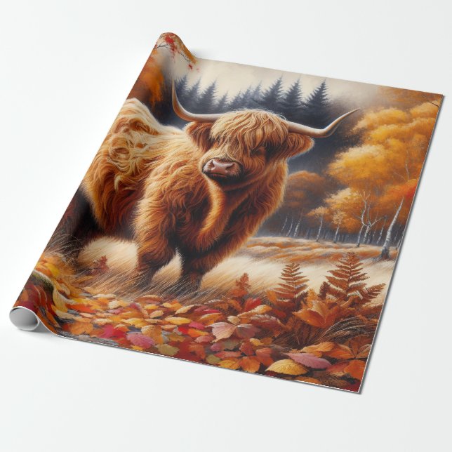 Highland Cow Autumn Watercolor Wrapping Paper (Unrolled)