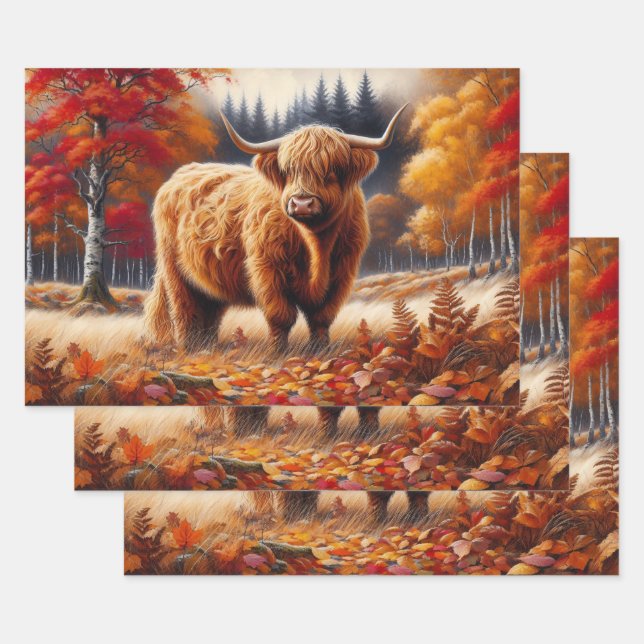 Highland Cow Autumn Watercolor Wrapping Paper Sheets (Set)