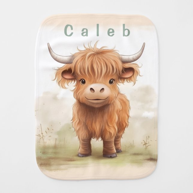 Highland cow baby burp cloth (Front)