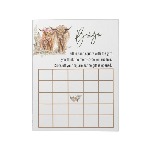 Highland Cow Baby Shower Bingo Game Couples Notepad (Rotated)