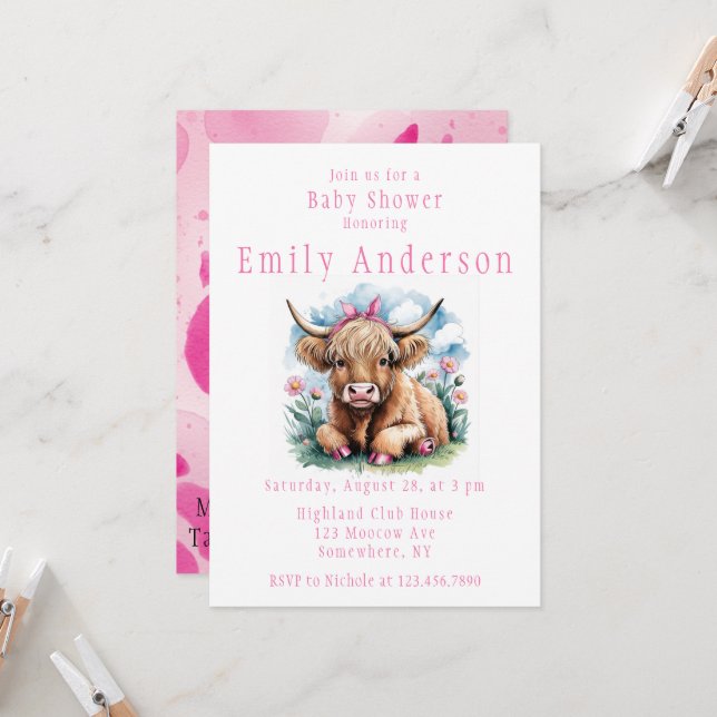Highland Cow Baby Shower Bliss Girl Invitation (Front/Back In Situ)