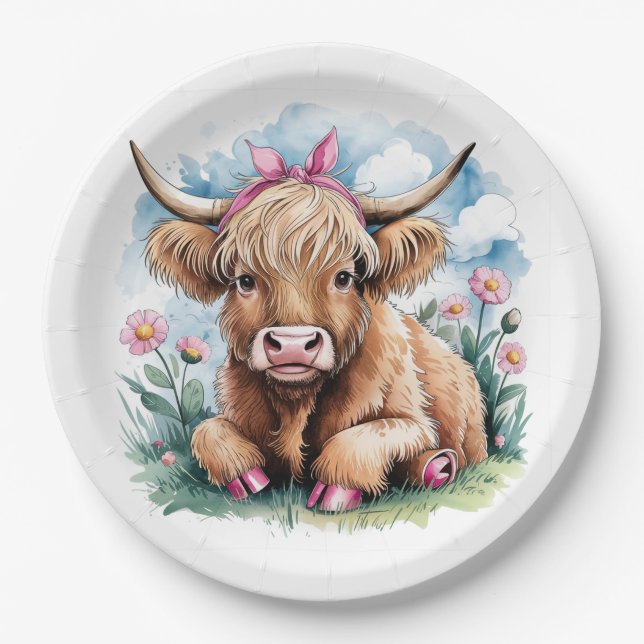 Highland Cow Baby Shower Bliss Paper Plates (Front)