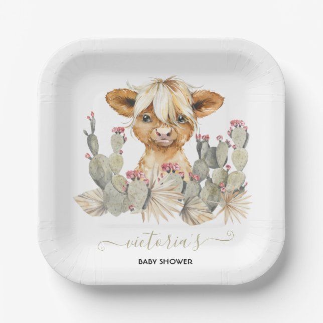 Highland Cow Baby Shower Cactus Paper Plates (Front)