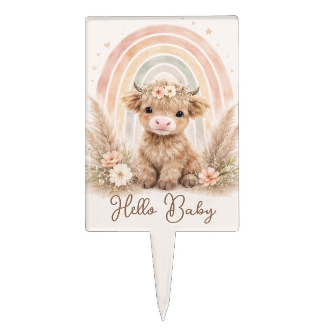Highland Cow Baby Shower Cake Topper Soft Rainbow  (Front)