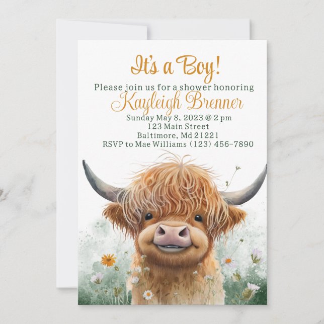 Highland cow baby shower invitation (Front)