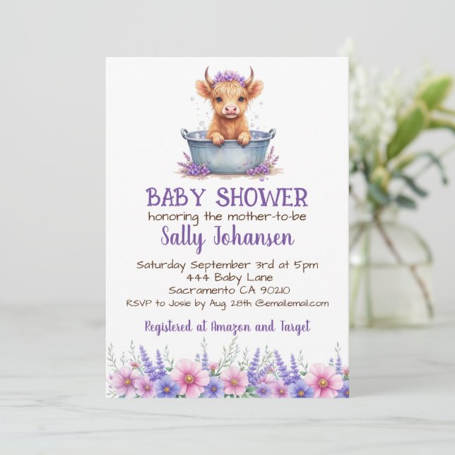 Highland Cow Baby Shower Invitation Lavender (Standing Front)