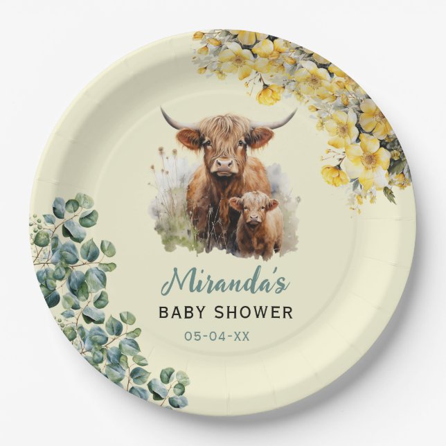 Highland Cow Baby Shower Paper Plates (Front)