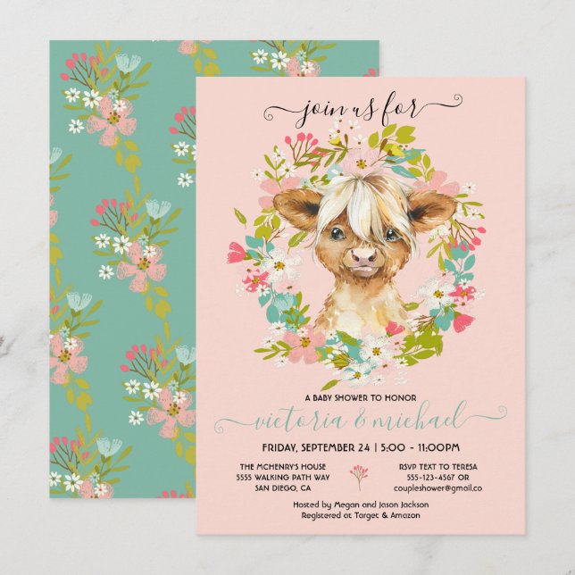 Highland Cow Baby Shower Wreath Invitation (Front/Back)