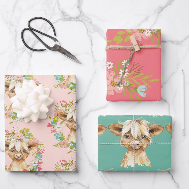 Highland Cow Baby Shower Wreath Wrapping Paper Sheets (Front)