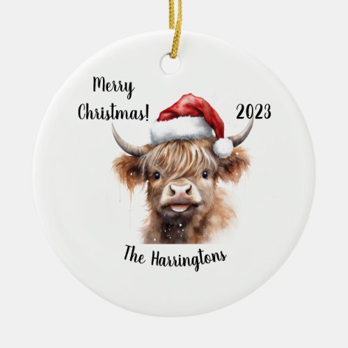 Highland Cow Baby with Santa Hat Christmas Ceramic Ornament