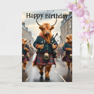 Highland Cow Bagpipe Band, Birthday Card
