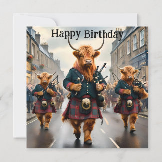 Highland Cow Bagpipe Band, Birthday Card