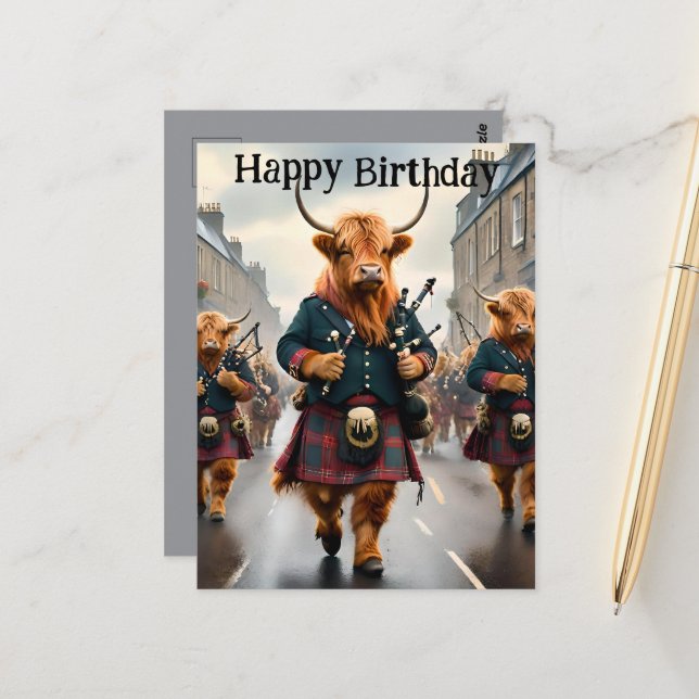 Highland Cow Bagpipe Band, Birthday Postcard (Front/Back In Situ)