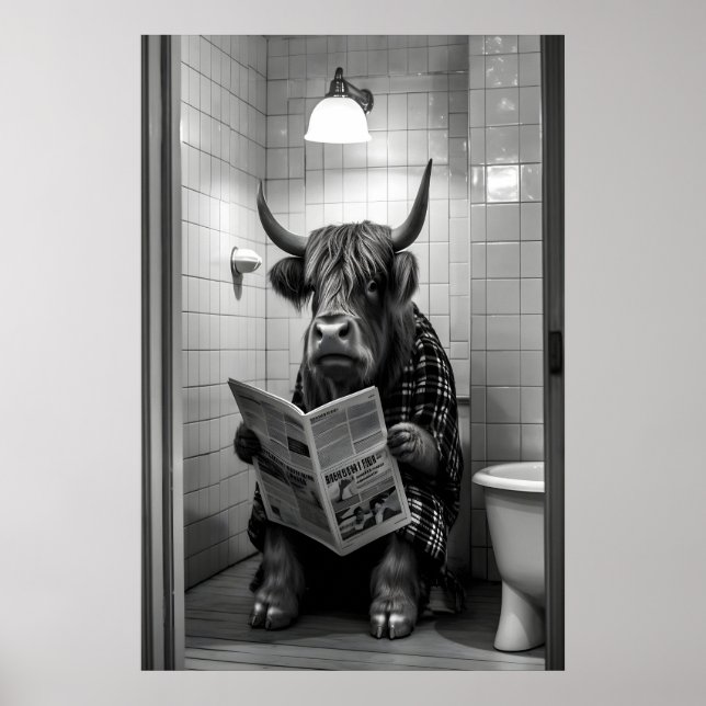 Highland Cow Bathroom Print, Funny Animal Reading Poster (Front)